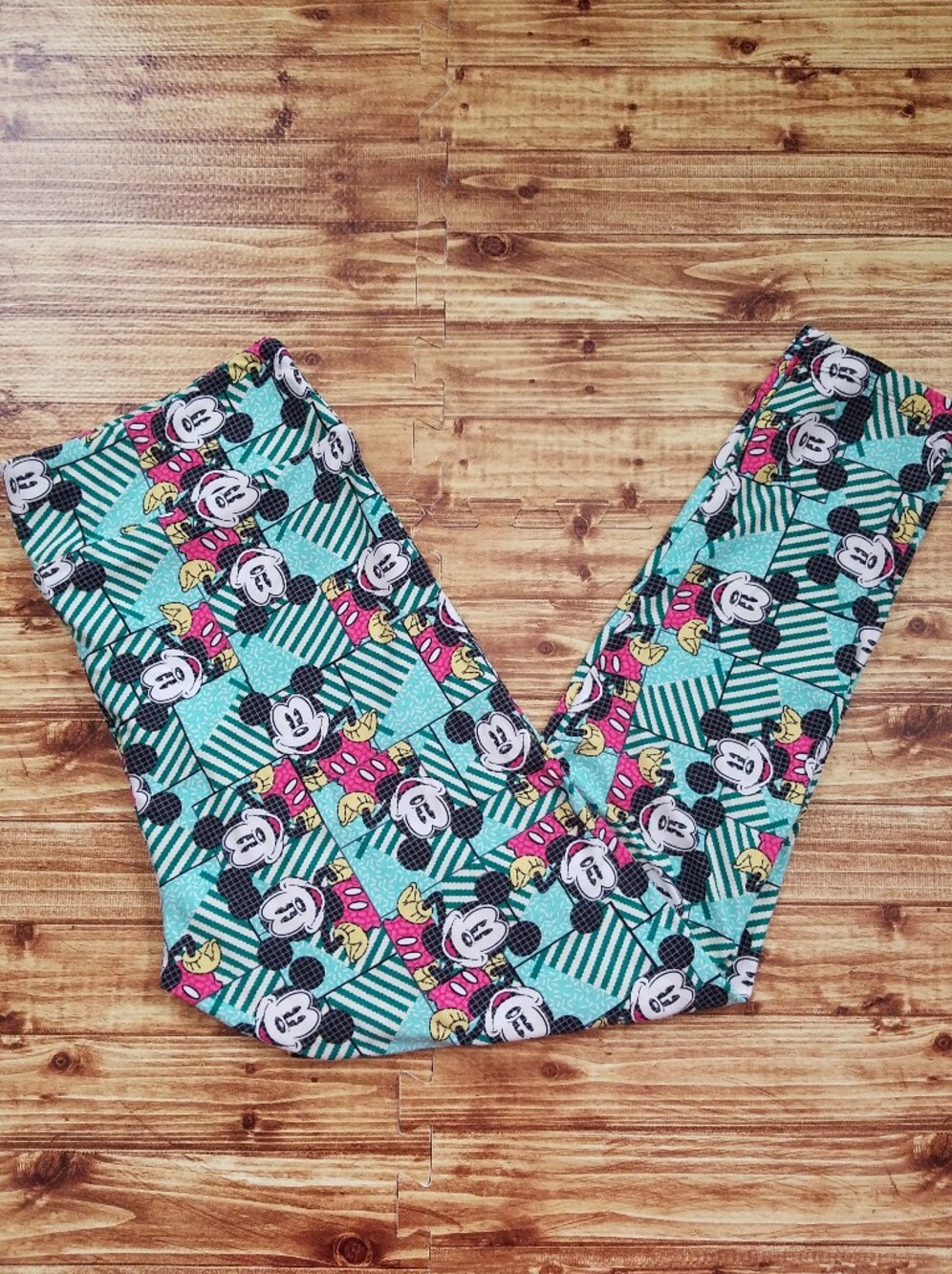 LuLaRoe Disney Mickey Mouse Green Geometric Leggings TC 12-18 Women's